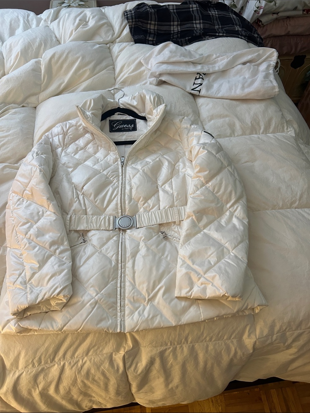 Guess Quilted Belted Puffer Jacket in Cream